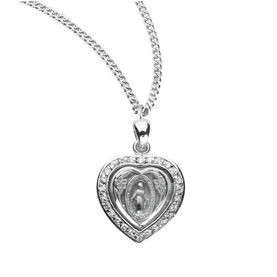 Small Heart Miraculous Sterling Clear Cubic Zirconia Necklace with Chain, Heart frame and adorned with 26 cubic zirconias, HMH Religious