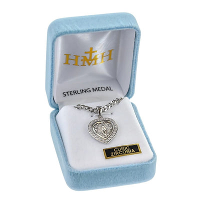 Small Heart Miraculous Sterling Clear Cubic Zirconia Necklace with Chain and Gift Box, Heart frame and adorned with 26 cubic zirconias, HMH Religious