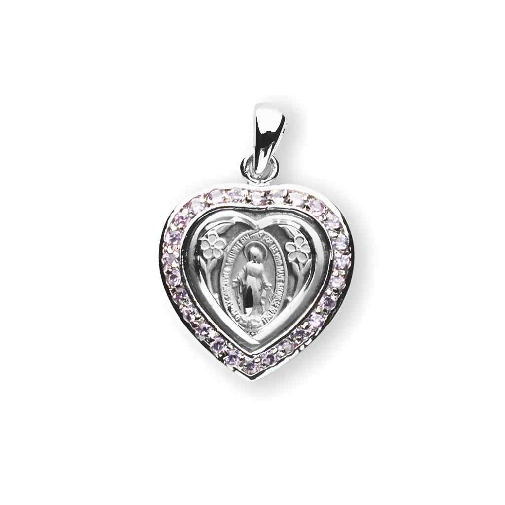 Front of the Small Heart Miraculous Sterling Pink Cubic Zirconia Necklace with Chain, Heart frame and adorned with 26 cubic zirconias, HMH Religious (view 2)