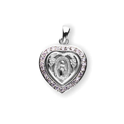 Front of the Small Heart Miraculous Sterling Pink Cubic Zirconia Necklace with Chain, Heart frame and adorned with 26 cubic zirconias, HMH Religious (view 2)