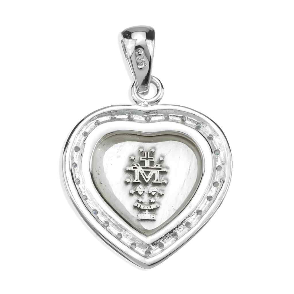Back of the Small Heart Miraculous Sterling Pink Cubic Zirconia Necklace with Chain, Heart frame and adorned with 26 cubic zirconias, HMH Religious (view 3)