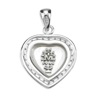Back of the Small heart miraculous medal necklace in sterling silver with sapphire cubic zirconia, HMH Religious (view 2)