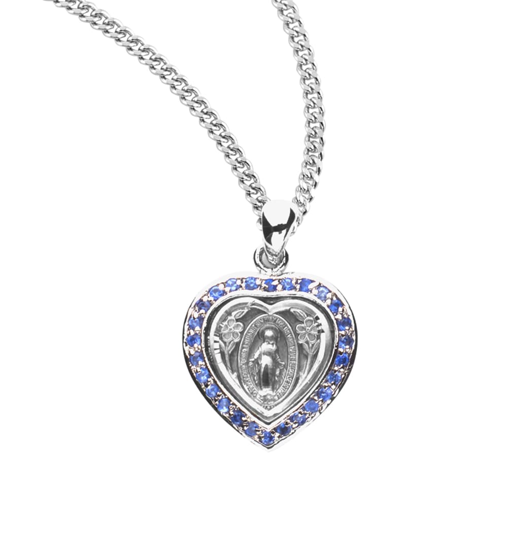 HMH Religious Small Heart Miraculous Sterling Silver Sapphire Cubic Zirconia Necklace,