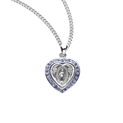 Small heart miraculous medal necklace in sterling silver with sapphire cubic zirconia, HMH Religious