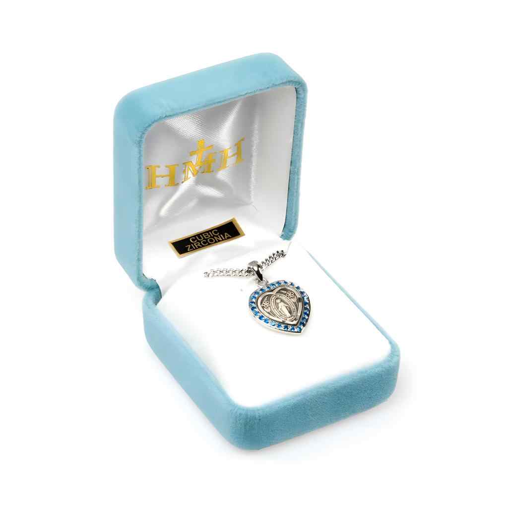 Small heart miraculous medal necklace in sterling silver with sapphire cubic zirconia in gift box, HMH Religious (view 3)