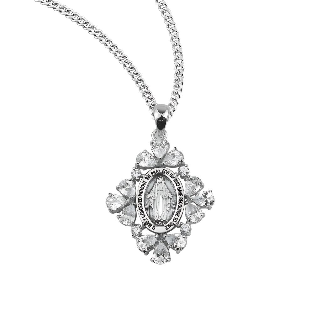 HMH Religious Cross Shaped Miraculous Medal 16 Clear Cubic Zircon Necklace with Chain
