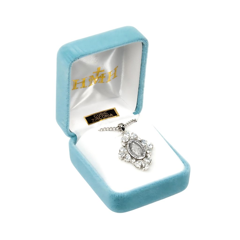 HMH Religious Cross Shaped Miraculous Medal 16 Clear Cubic Zircon Necklace with Chain and Gift Box