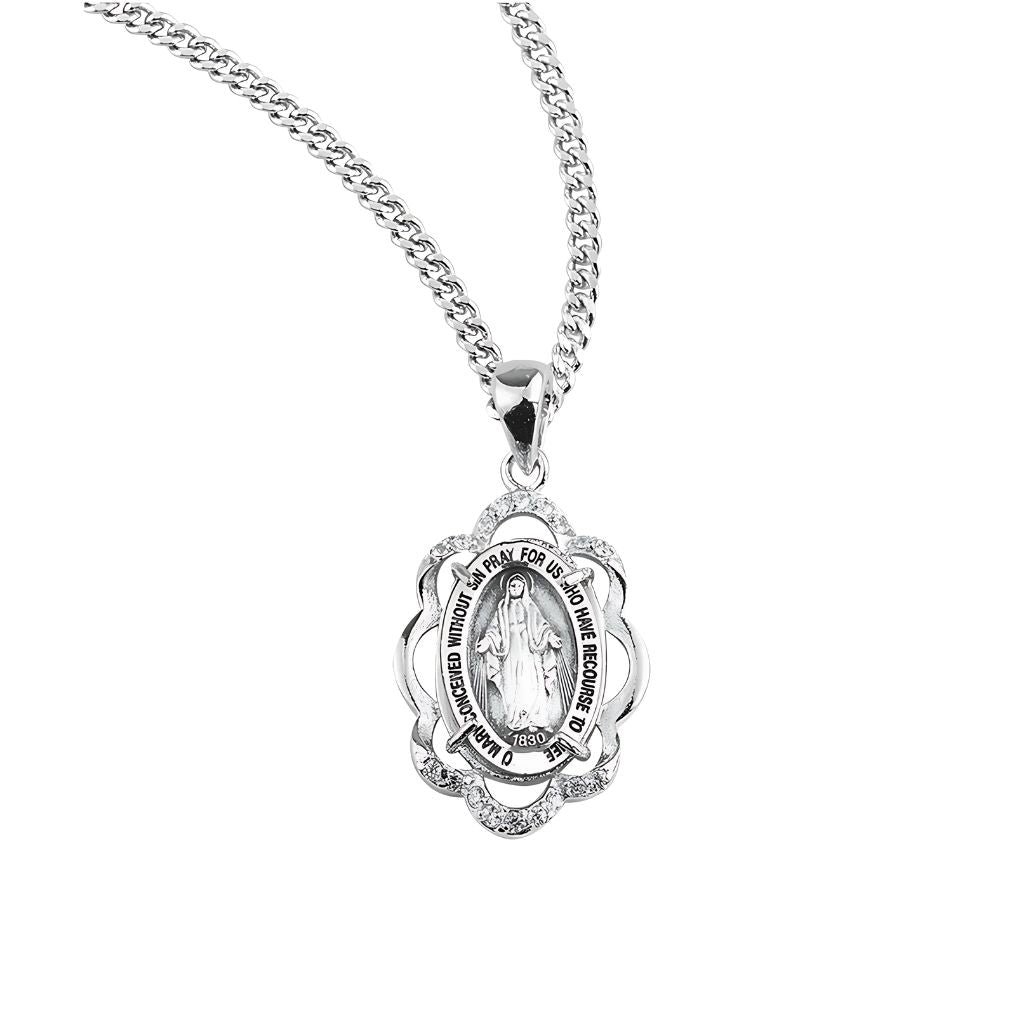 HMH Religious Scallop Frame Miraculous Medal with Cubic Zirconia Necklace with Chain