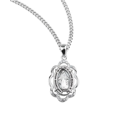Scallop Frame Miraculous Medal with Cubic Zirconia Necklace with Chain, HMH Religious