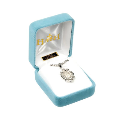 Scallop Frame Miraculous Medal with Cubic Zirconia Necklace with Chain in Gift Box, HMH Religious