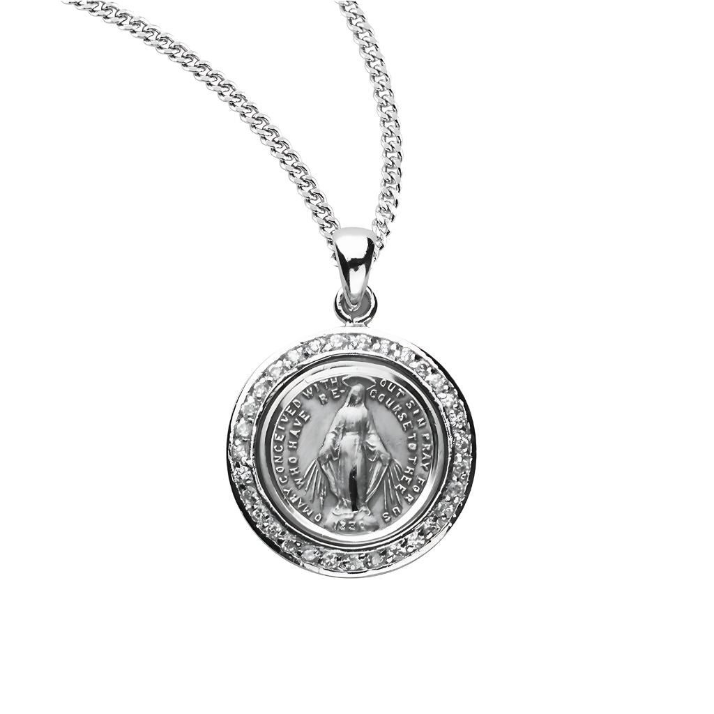 HMH Religious Miraculous Medal round frame adorned with clear cubic zirconia stones necklace with chain,