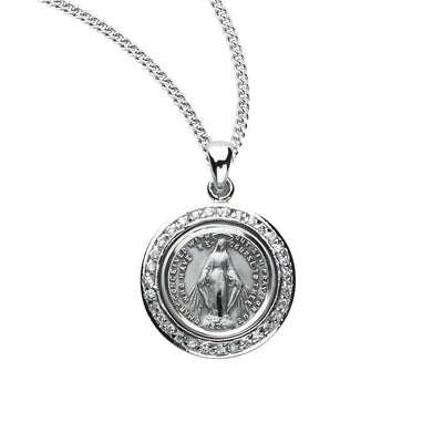 Miraculous Medal round frame adorned with clear cubic zirconia stones necklace with chain, HMH Religious