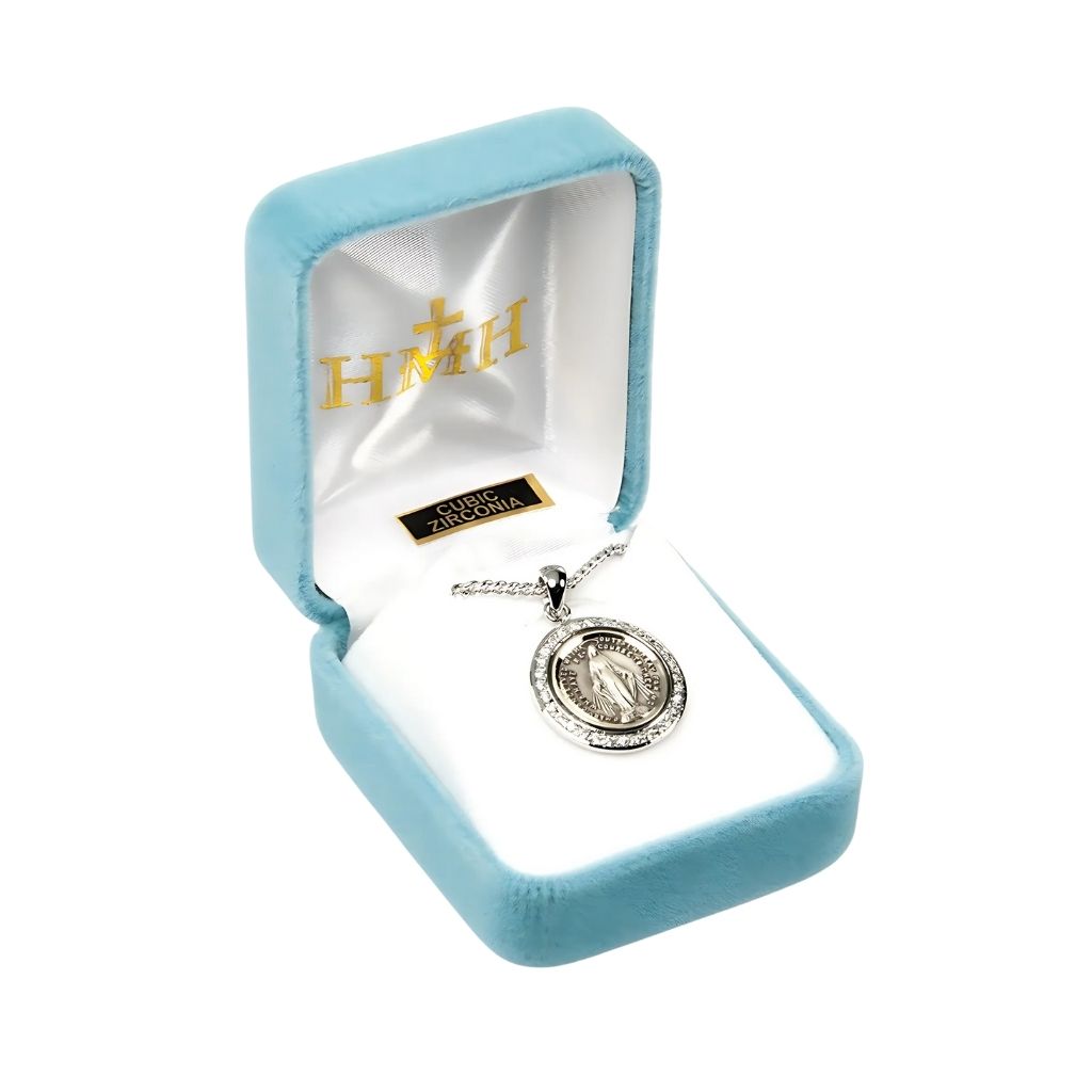 HMH Religious Miraculous Medal round frame adorned with clear cubic zirconia stones necklace with chain and gift box.