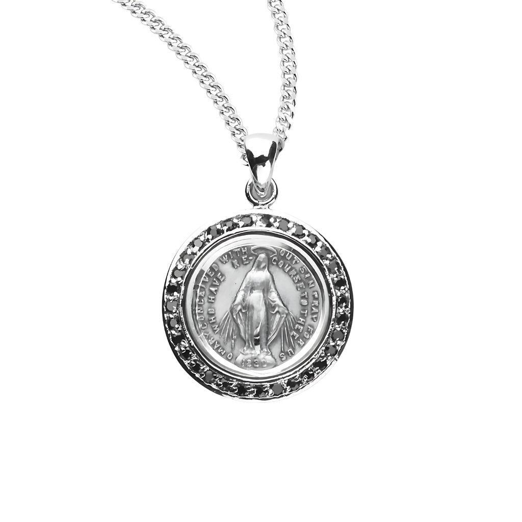 HMH Religious Miraculous Medal circular frame adorned with jet black cubic zirconia stones necklace with chain,