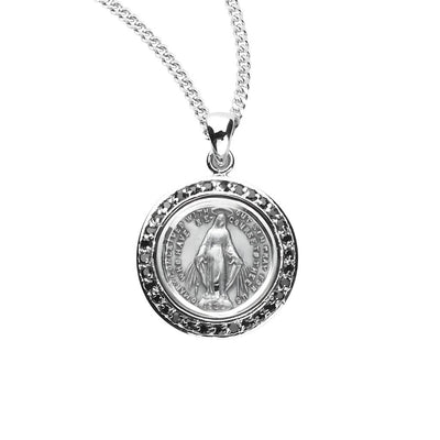 Miraculous Medal circular frame adorned with jet black cubic zirconia stones necklace with chain, HMH Religious
