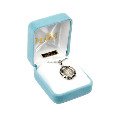 Miraculous Medal circular frame adorned with jet black cubic zirconia stones necklace with chain and gift box, HMH Religious