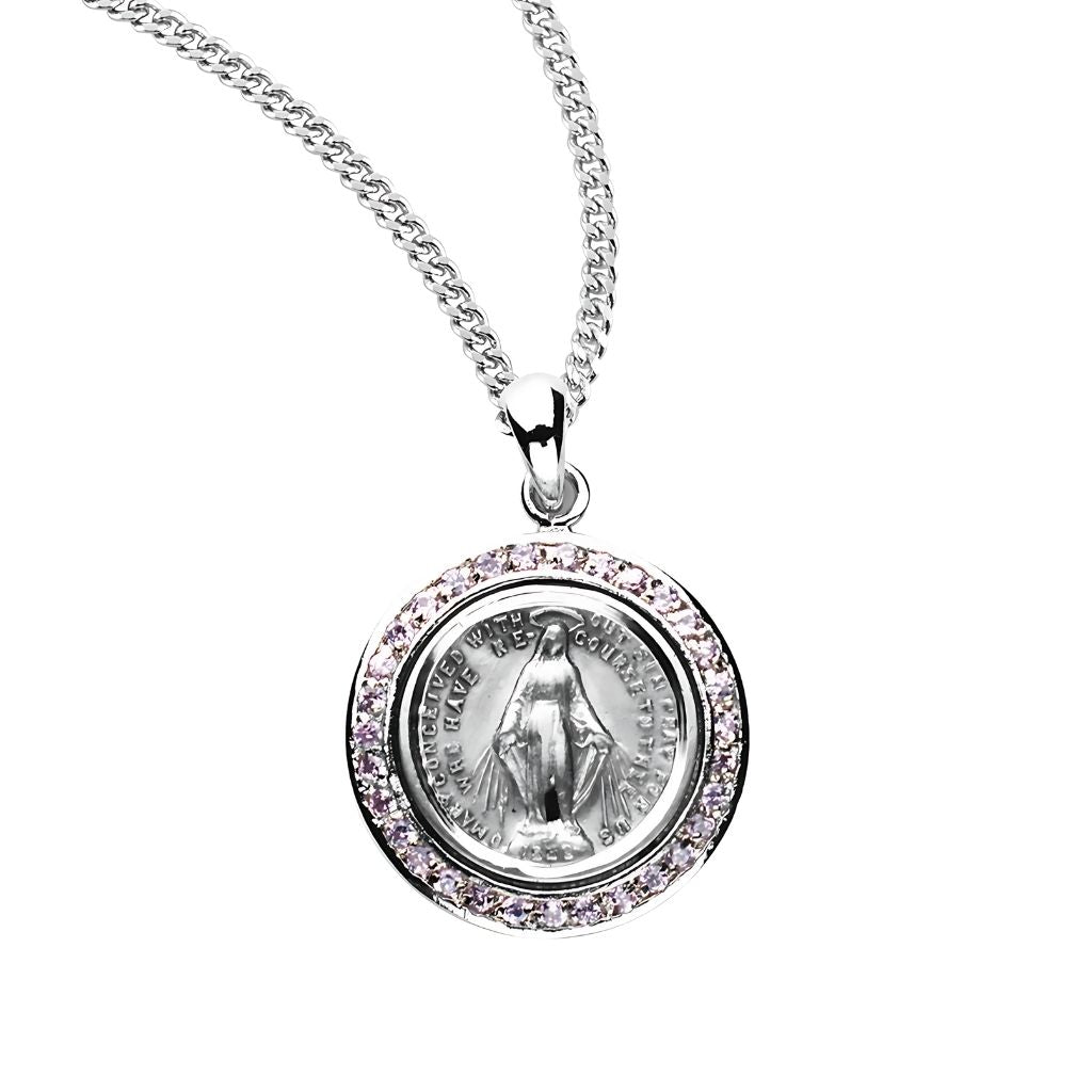 HMH Religious Miraculous Medal circular frame adorned with pink cubic zirconia stones necklace with chain,