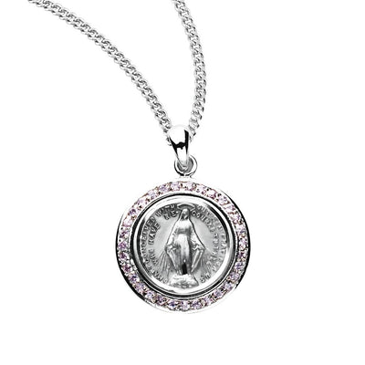 Miraculous Medal circular frame adorned with pink cubic zirconia stones necklace with chain, HMH Religious
