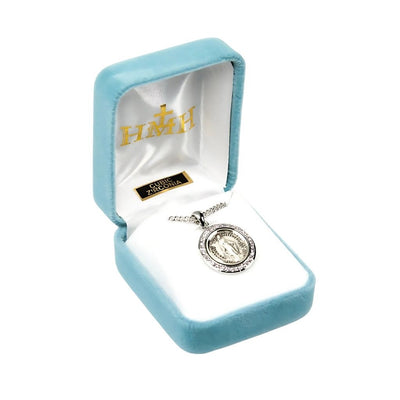 Miraculous Medal circular frame adorned with pink cubic zirconia stones necklace with chain and gift box, HMH Religious