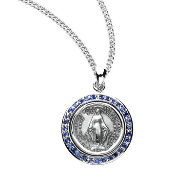 Miraculous Medal circular frame adorned with blue sapphire cubic zirconia stones necklace with chain, HMH Religious