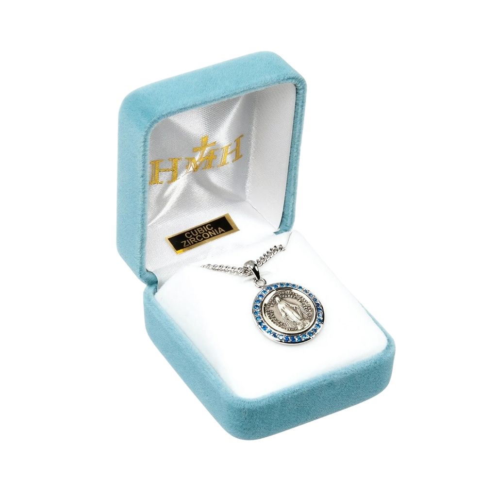 HMH Religious Miraculous Medal circular frame adorned with blue sapphire cubic zirconia stones necklace with chain in gift box.