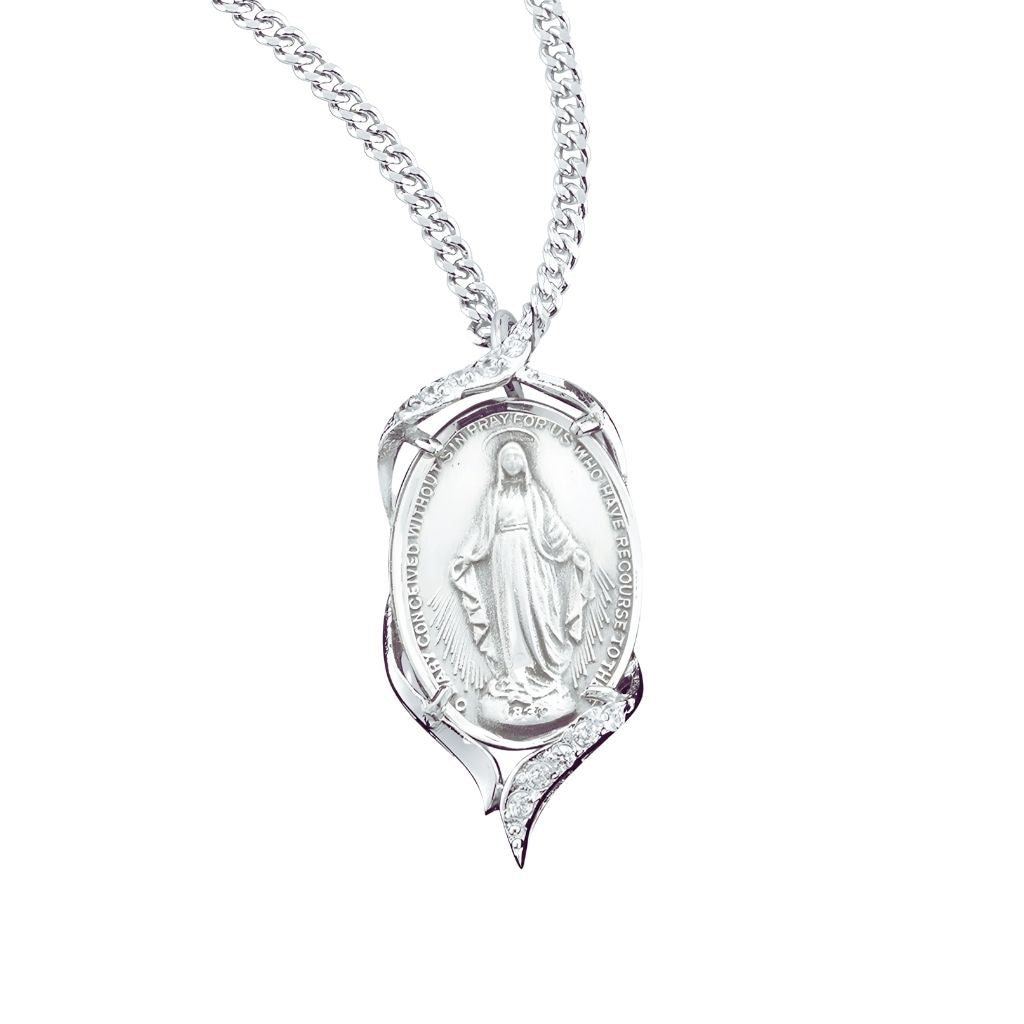 HMH Religious Oval Shaped Double Sided Miraculous with Zirconias Necklace