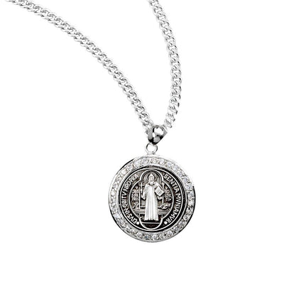 Saint Benedict Round Necklace Medal circular frame adorned with clear cubic zirconia stones necklace with chain, HMH Religious