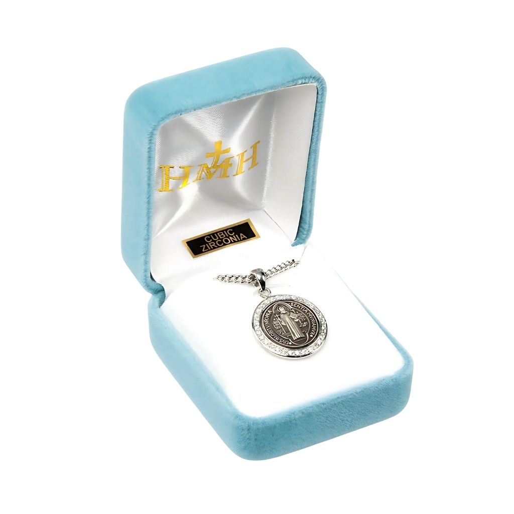 HMH Religious Saint Benedict Round Necklace Medal circular frame adorned with clear cubic zirconia stones necklace with chain and gift box.