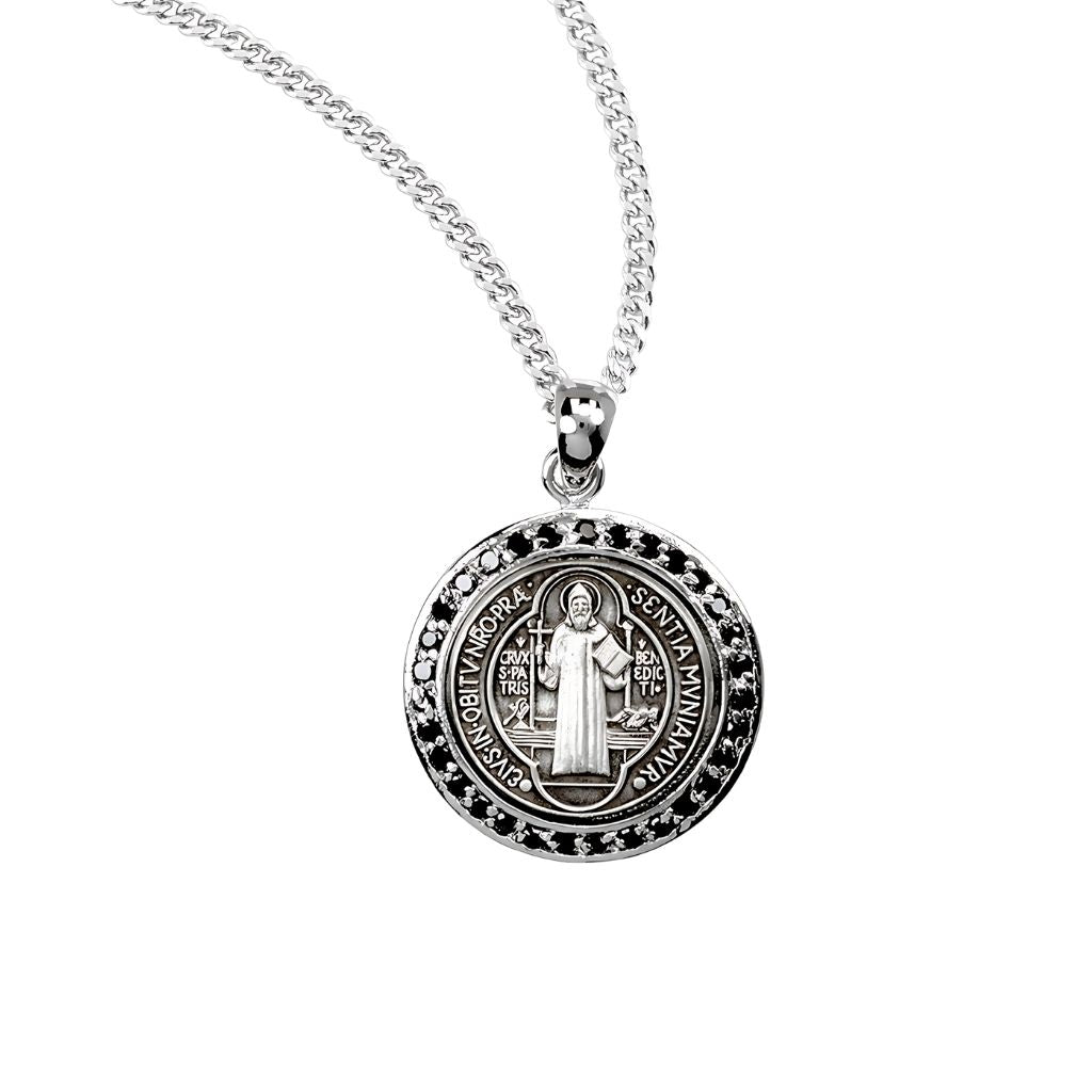 HMH Religious Saint Benedict Round Necklace Medal circular frame adorned with jet black cubic zirconia stones necklace with 18" chain,
