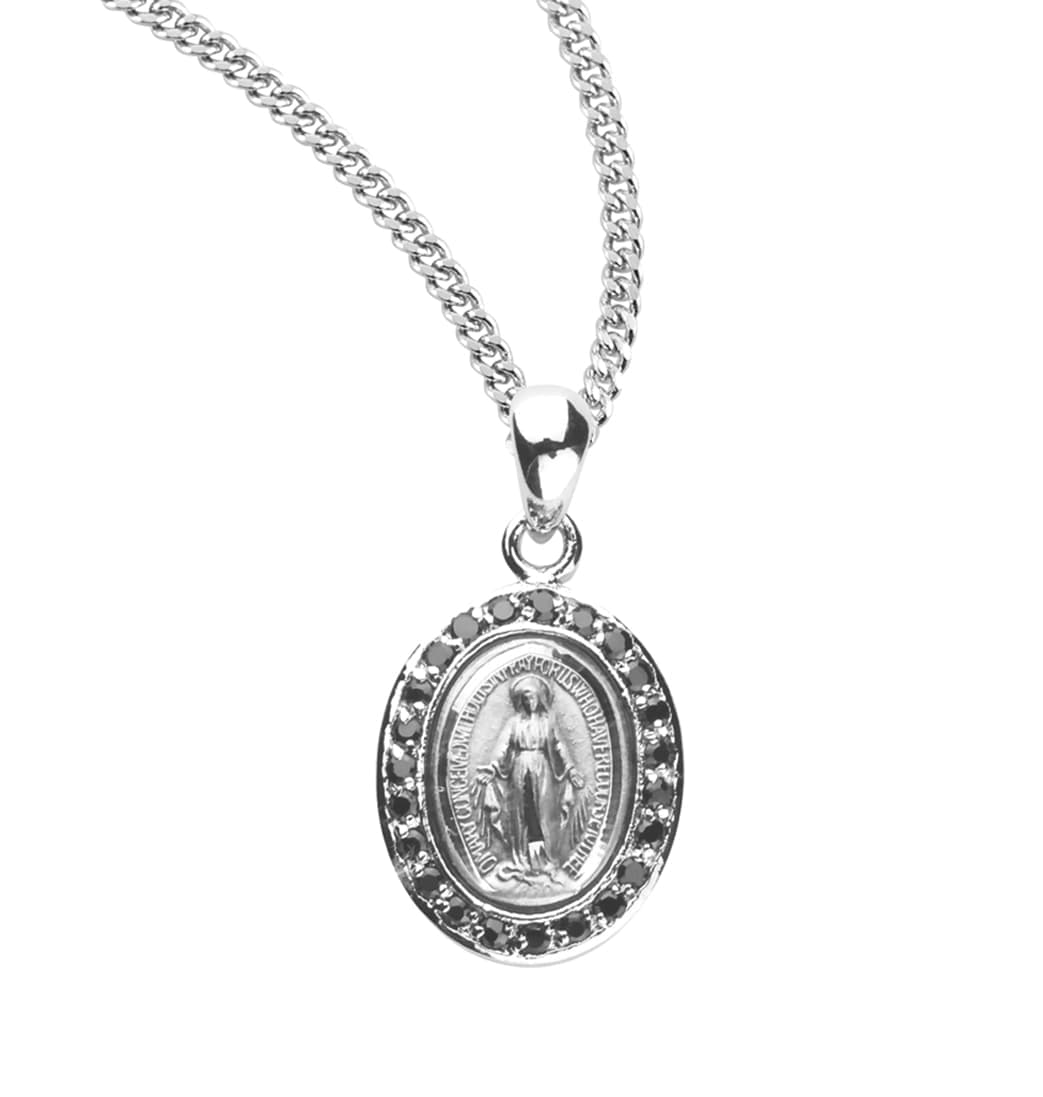 HMH Religious Small Oval Miraculous Sterling Jet Zirconia Necklace,