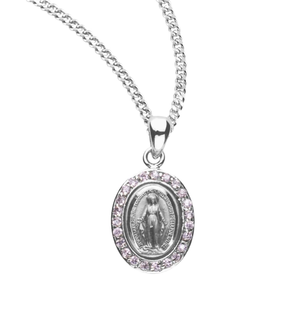 HMH Religious Small Oval Miraculous Sterling Pink Zirconia Necklace,