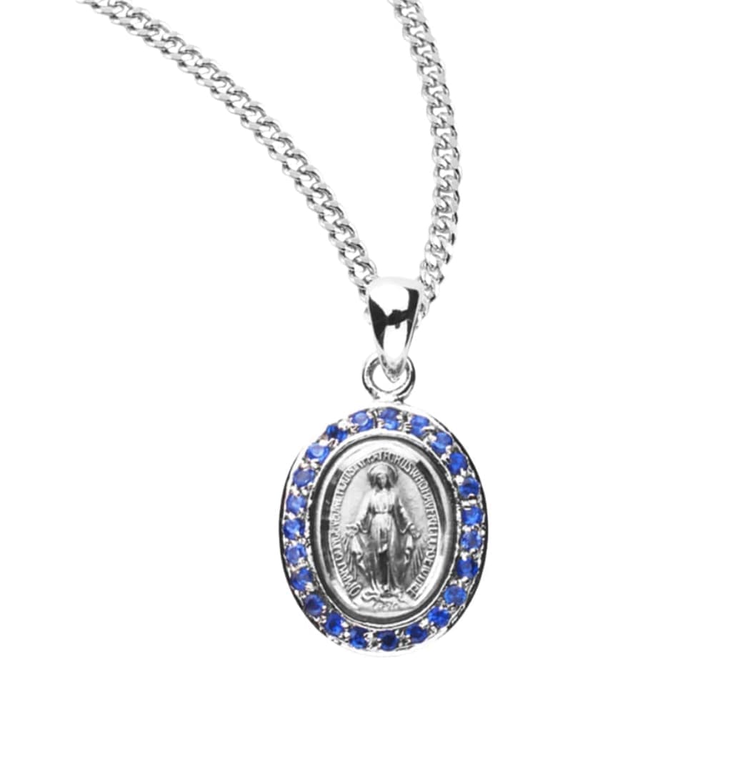 HMH Religious Small Oval Miraculous Sterling Sapphire Zirconia Necklace,