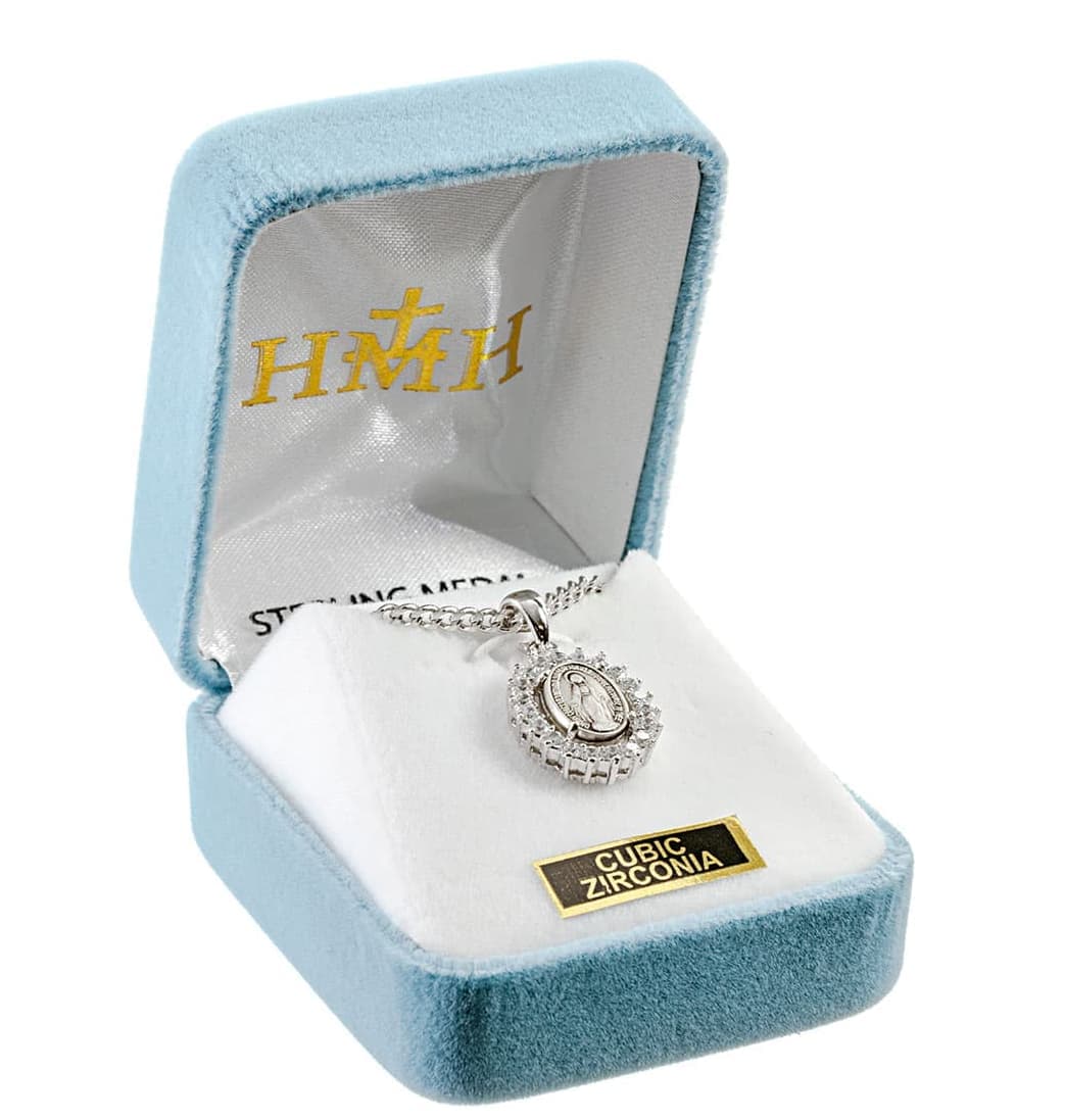 HMH Religious Oval Miraculous Sterling Clear Zirconia Necklace in Box,