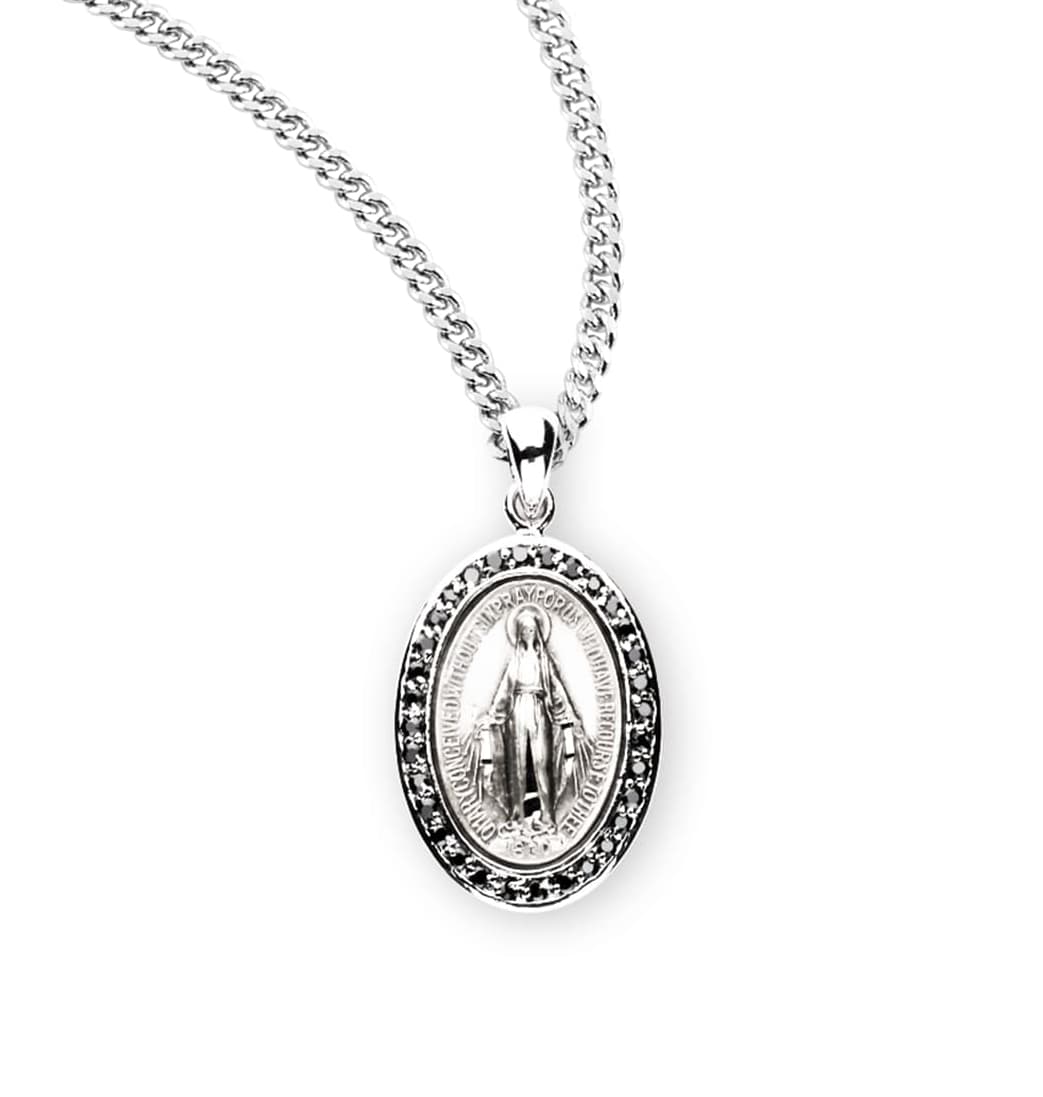 HMH Religious Oval Miraculous Sterling Jet Zirconia Necklace,