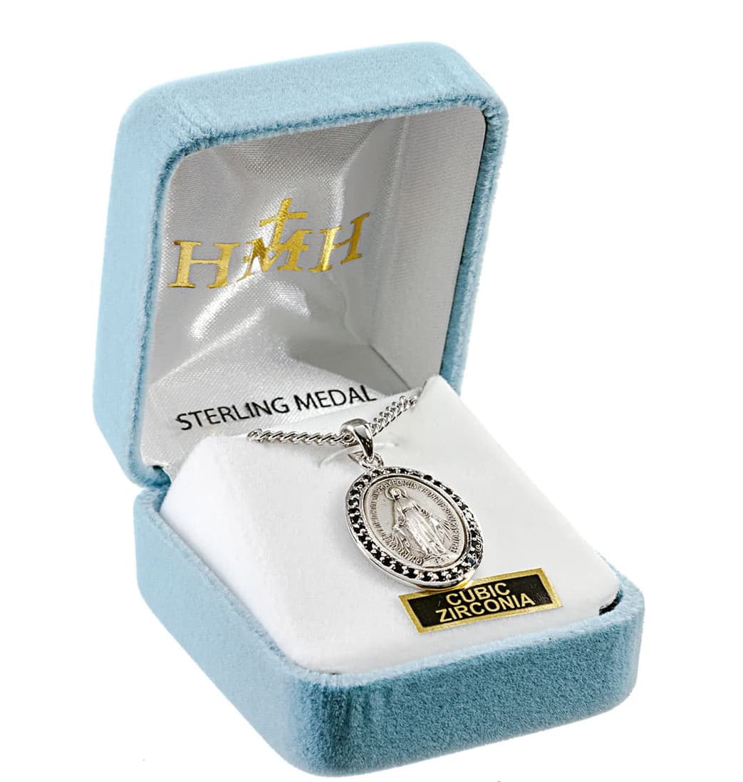 HMH Religious Oval Miraculous Sterling Jet Zirconia Necklace in Box,