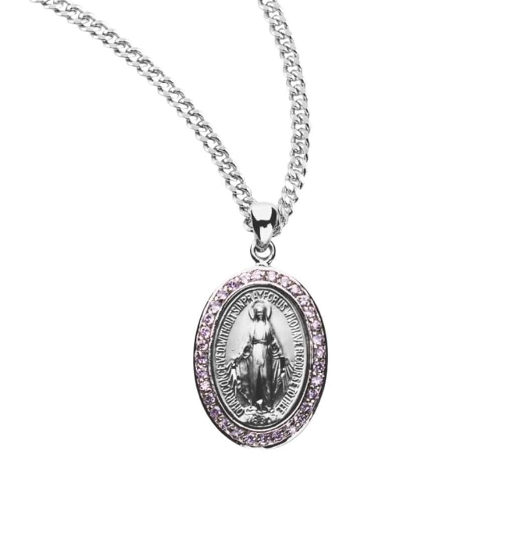 HMH Religious Oval Miraculous Sterling Pink Zirconia Necklace,