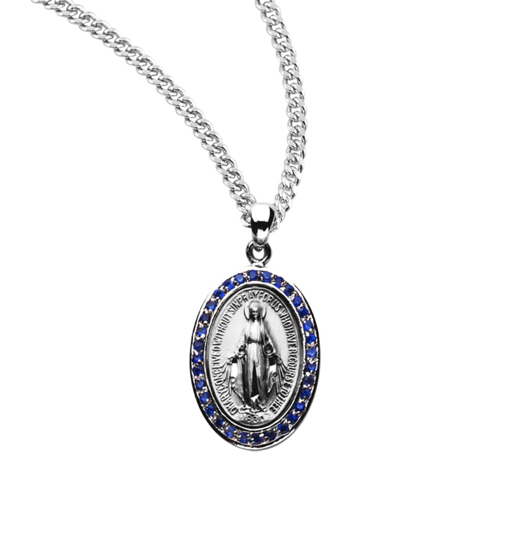 HMH Religious Oval Miraculous Sterling Sapphire Zirconia Necklace,