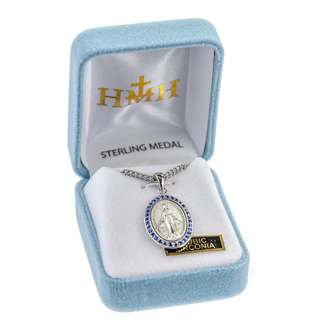 HMH Religious Oval Miraculous Sterling Sapphire Zirconia Necklace in Box,