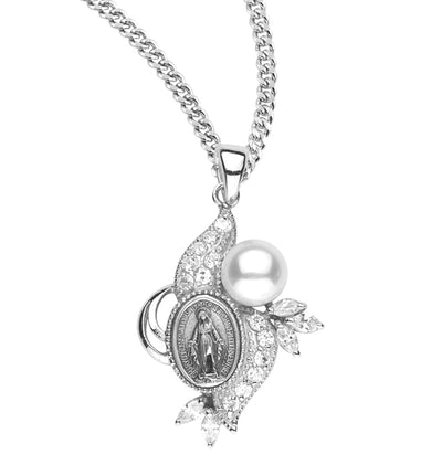 Cultured Pearl and Zirconia Sterling Miraculous Necklace, HMH Religious