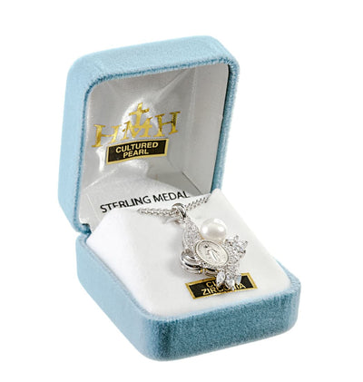 Cultured Pearl and Zirconia Sterling Miraculous Necklace in Box, HMH Religious