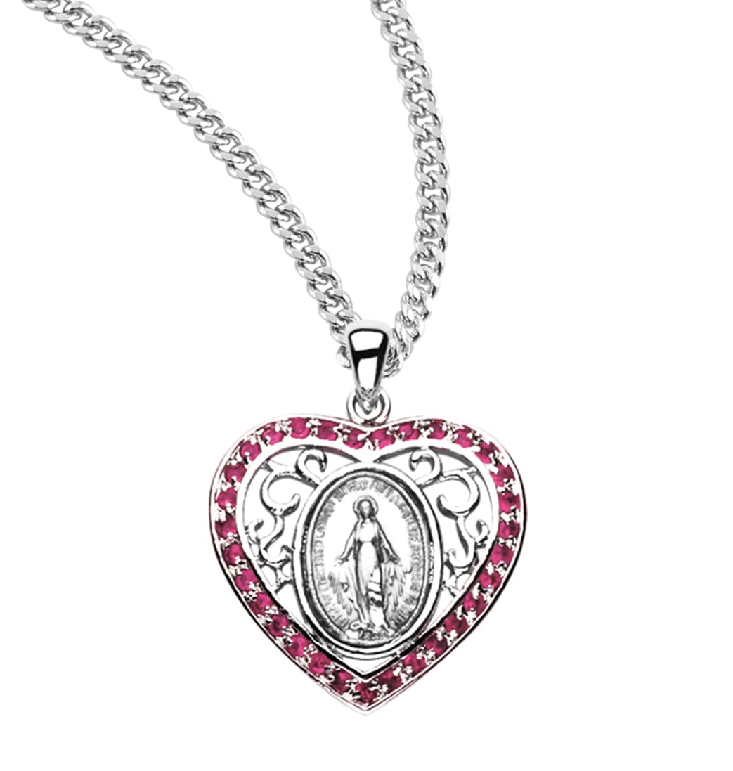 HMH Religious Pink Cubic Zirconia Heart Miraculous Sterling Medal Necklace,