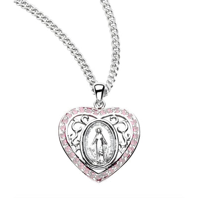 Pink Cubic Zirconia Heart Frame Miraculous Medal Sterling Silver Medal Necklace with 18" Stainless Steel Chain, HMH Religious