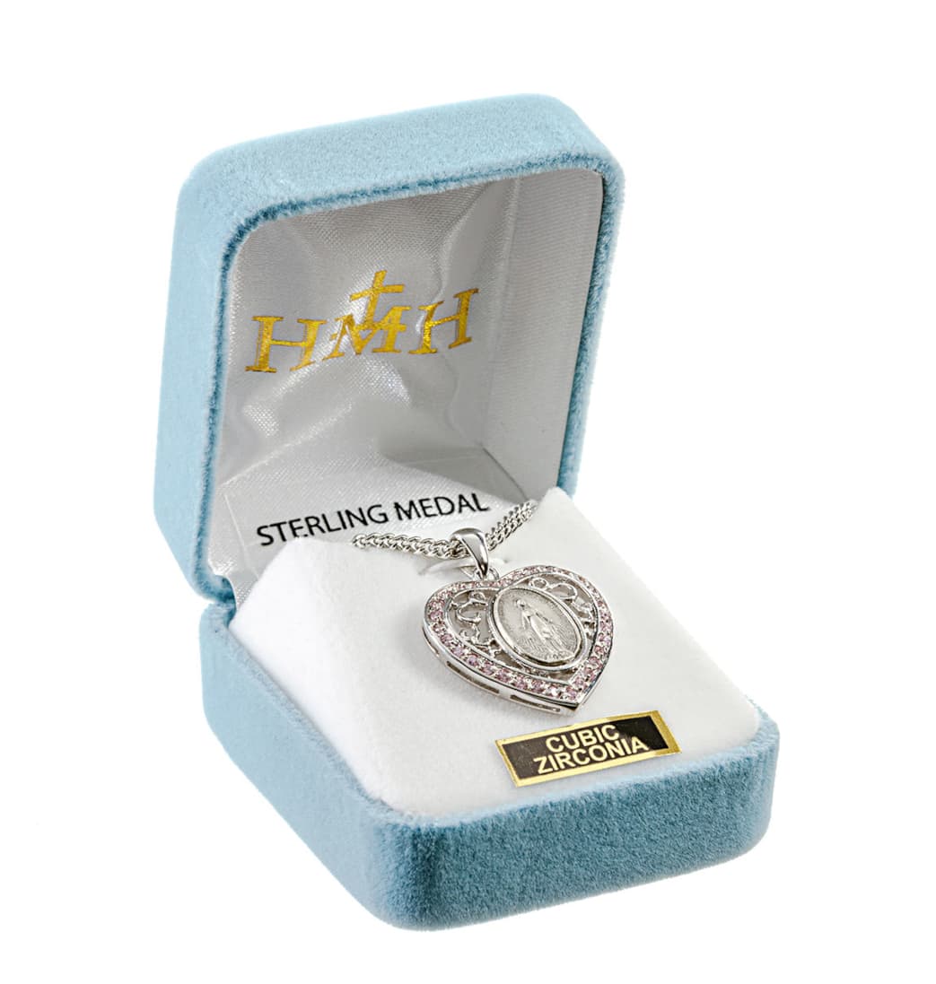 HMH Religious Pink Cubic Zirconia Heart Miraculous Sterling Medal Necklace in Box,