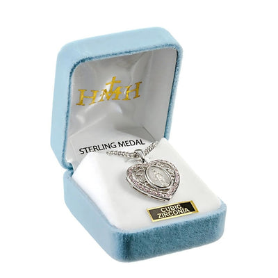 Pink Cubic Zirconia Heart Frame Miraculous Medal Sterling Silver Medal Necklace with 18" Stainless Steel Chain in Gift Box, HMH Religious (view 3)