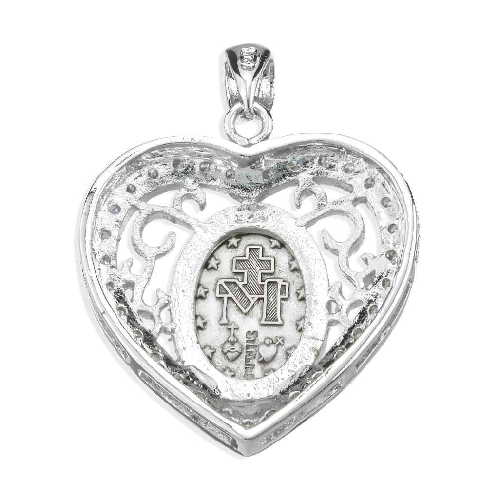 Back of Sapphire Cubic Zirconia Heart Frame Miraculous Medal Sterling Silver Medal, HMH Religious (view 2)