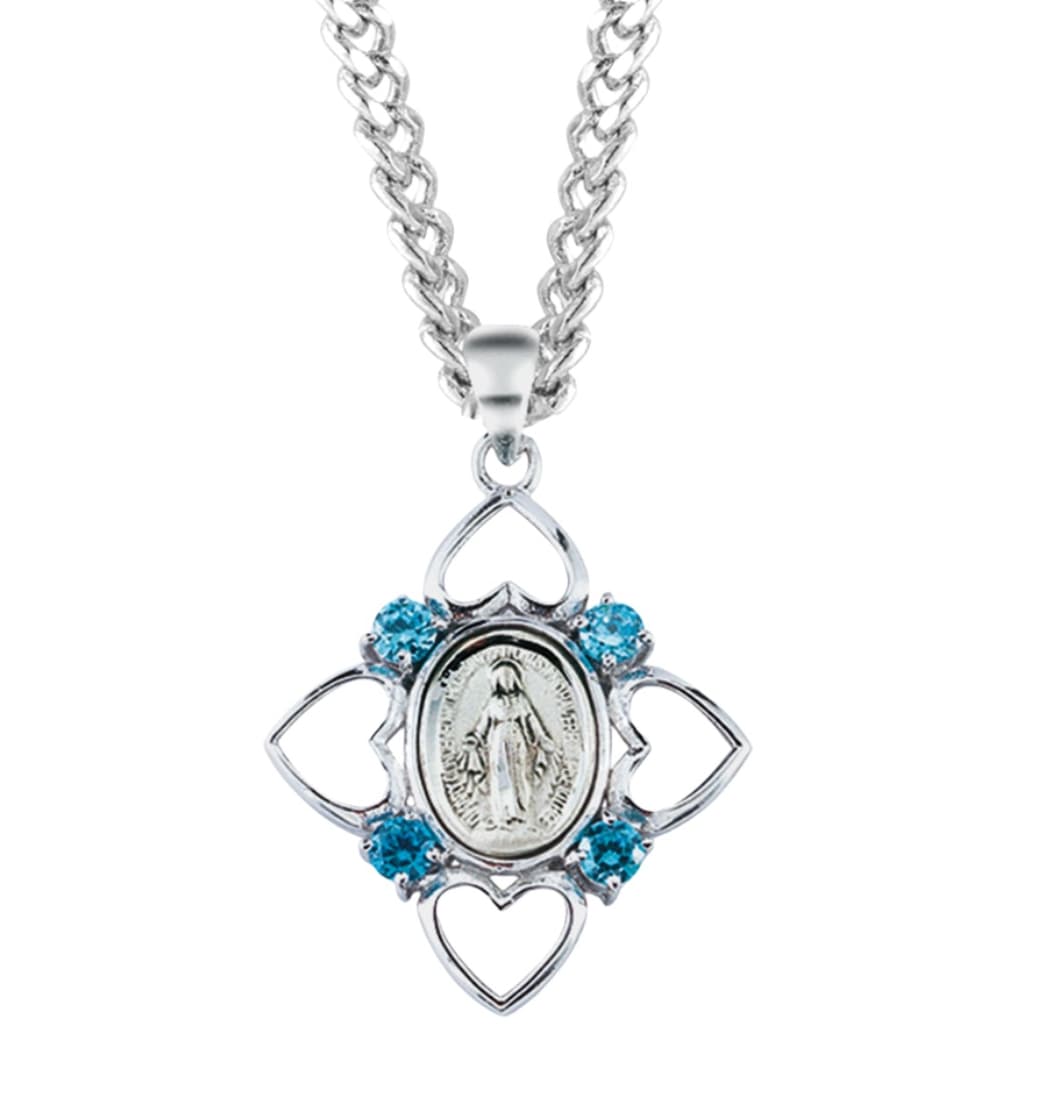 HMH Religious Miraculous Sterling Silver Aqua Cubic Zirconia Necklace,