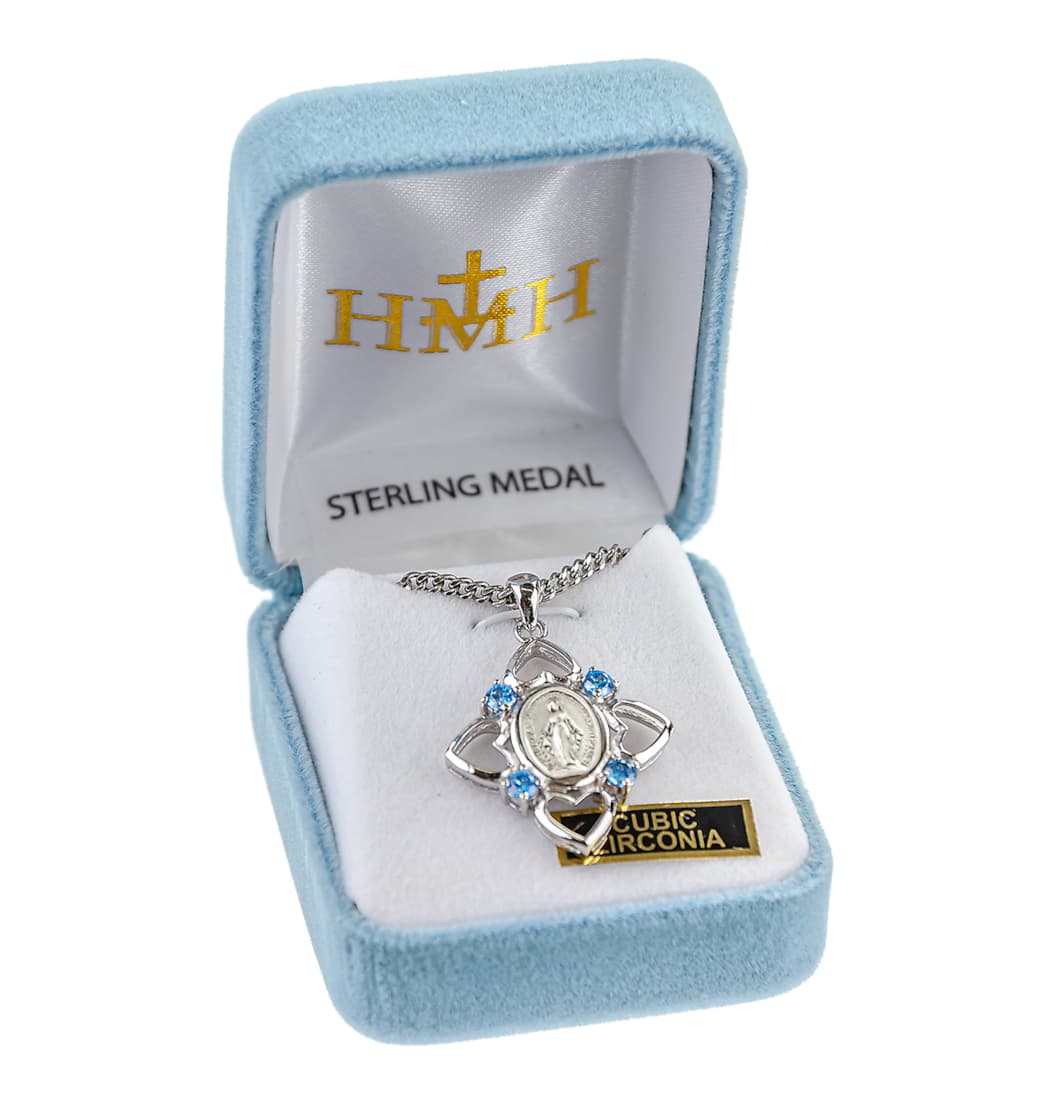 HMH Religious Miraculous Sterling Silver Aqua Cubic Zirconia Necklace in Box,