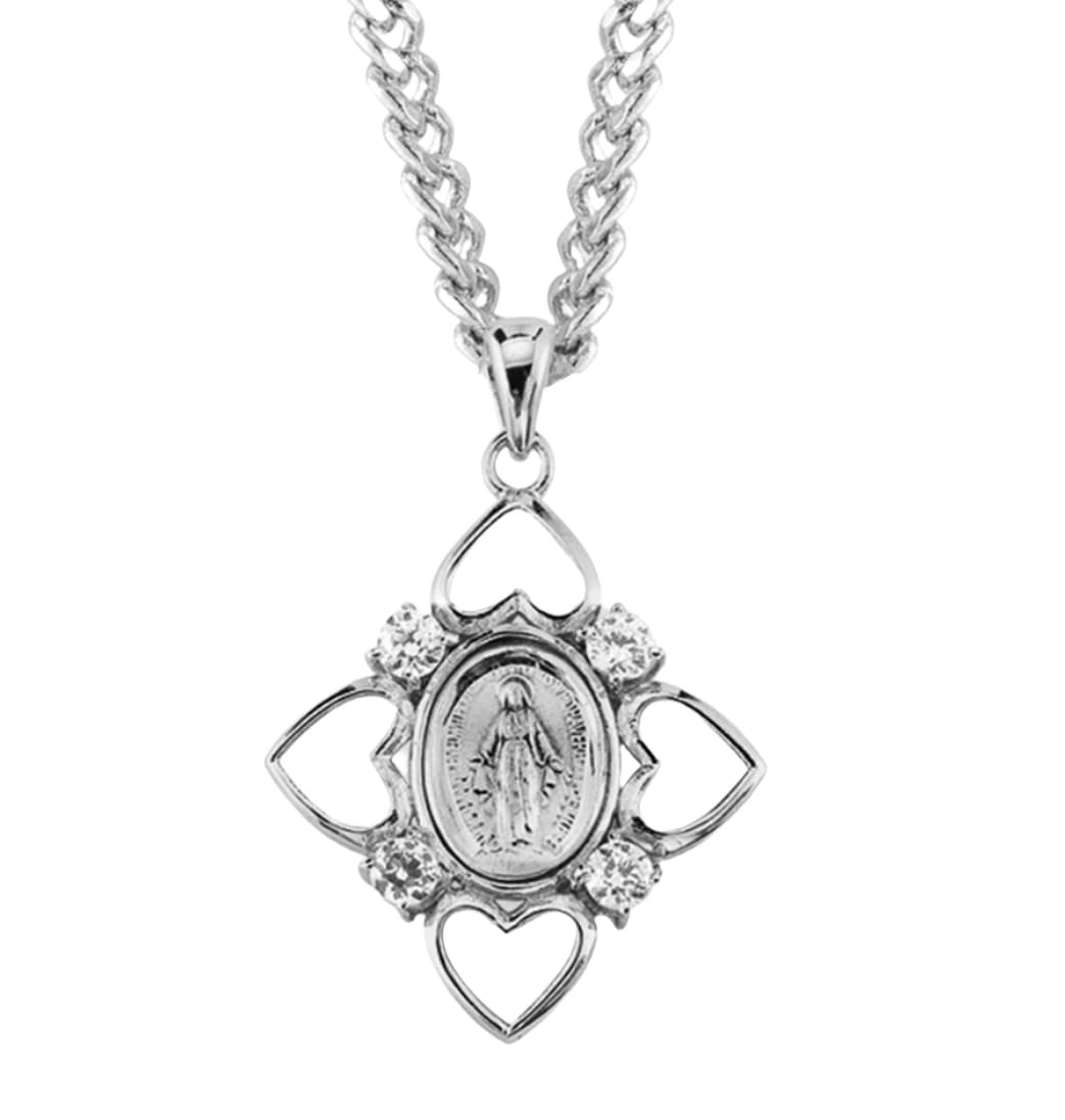 HMH Religious Miraculous Sterling Silver 4 Clear Cubic Zirconia Necklace,