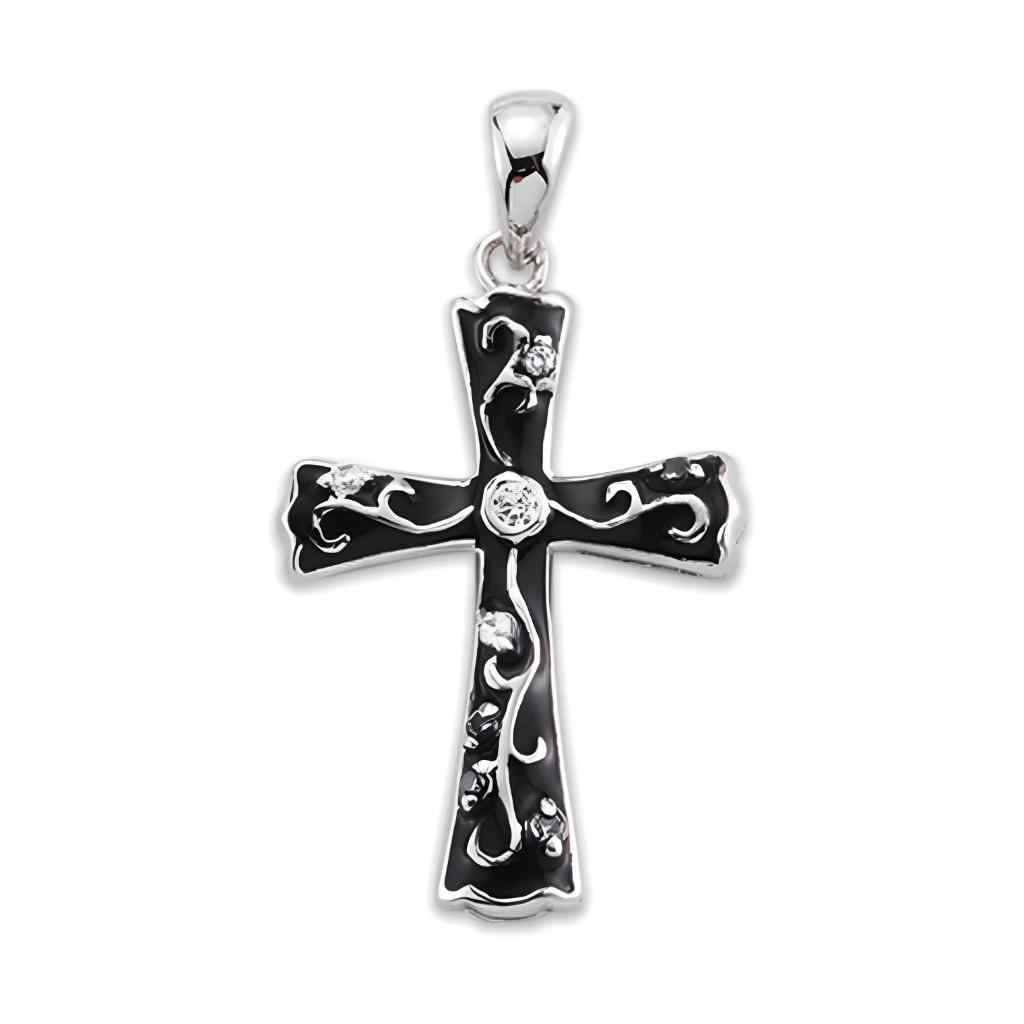 Front of Black epoxy sterling silver cross necklace with crystal cubic zirconia (view 2)