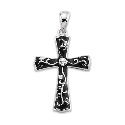 Front of Black epoxy sterling silver cross necklace with crystal cubic zirconia (view 2)
